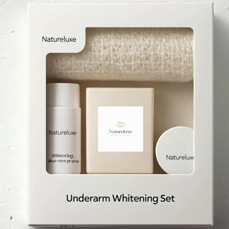 Natureluxe underarm whitening set packaging on a textured surface with green leaves in the background. multiple products in 12set

